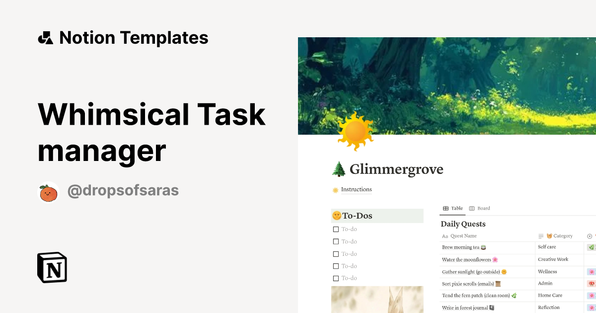 Whimsical Task manager Template by Drops of Saras Notion Marketplace