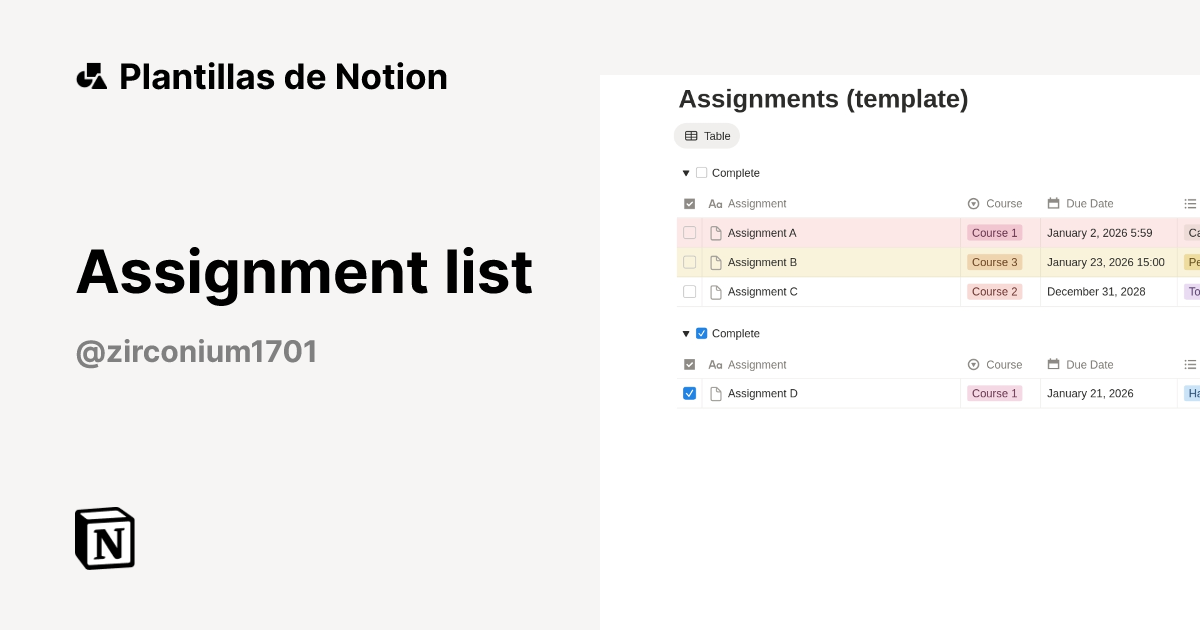 Plantilla Assignment list | Notion Marketplace