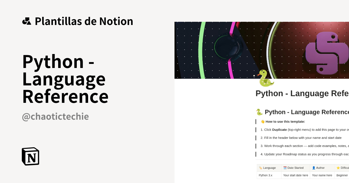 Plantilla Python - Language Reference de ChaoticTechie | Notion Marketplace