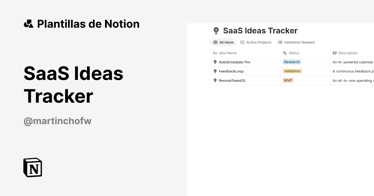 Plantilla SaaS Ideas Tracker | Notion Marketplace