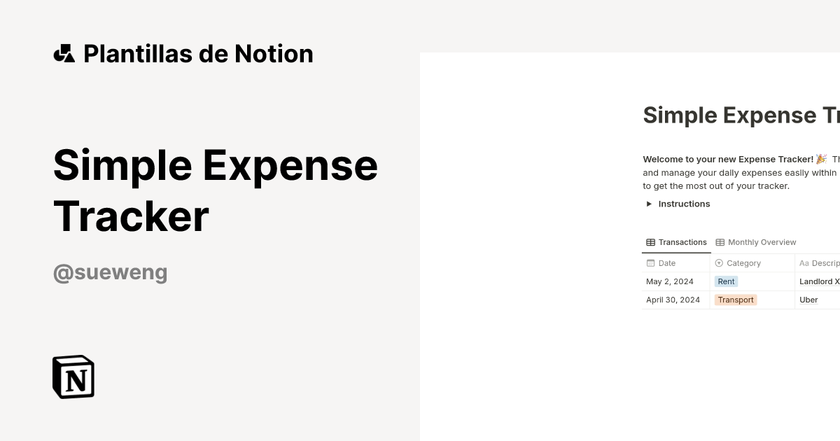Plantilla Simple Expense Tracker de Sue | Notion Marketplace