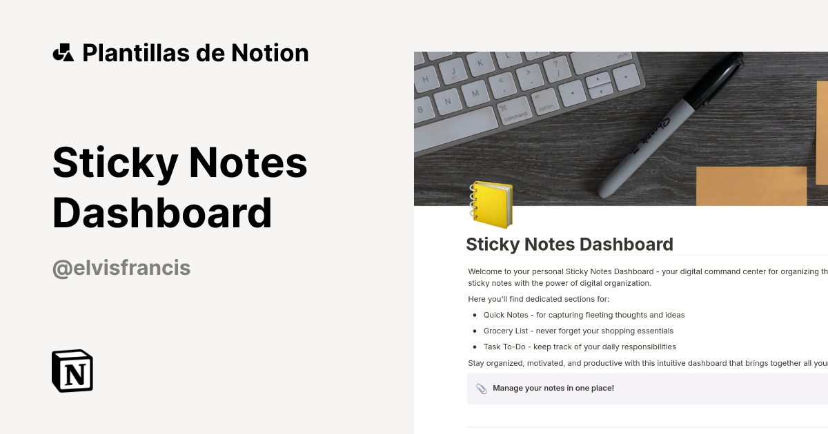 Plantilla Sticky Notes Dashboard de Elvis Francis | Notion Marketplace