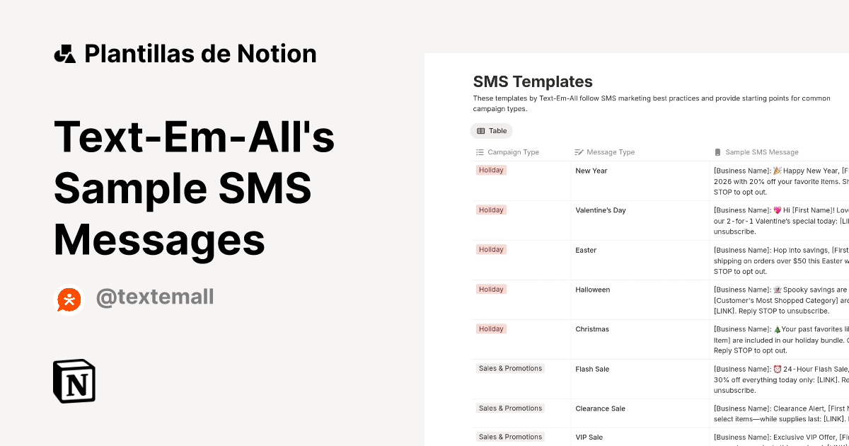 Plantilla Text-Em-All's Sample SMS Messages | Notion Marketplace