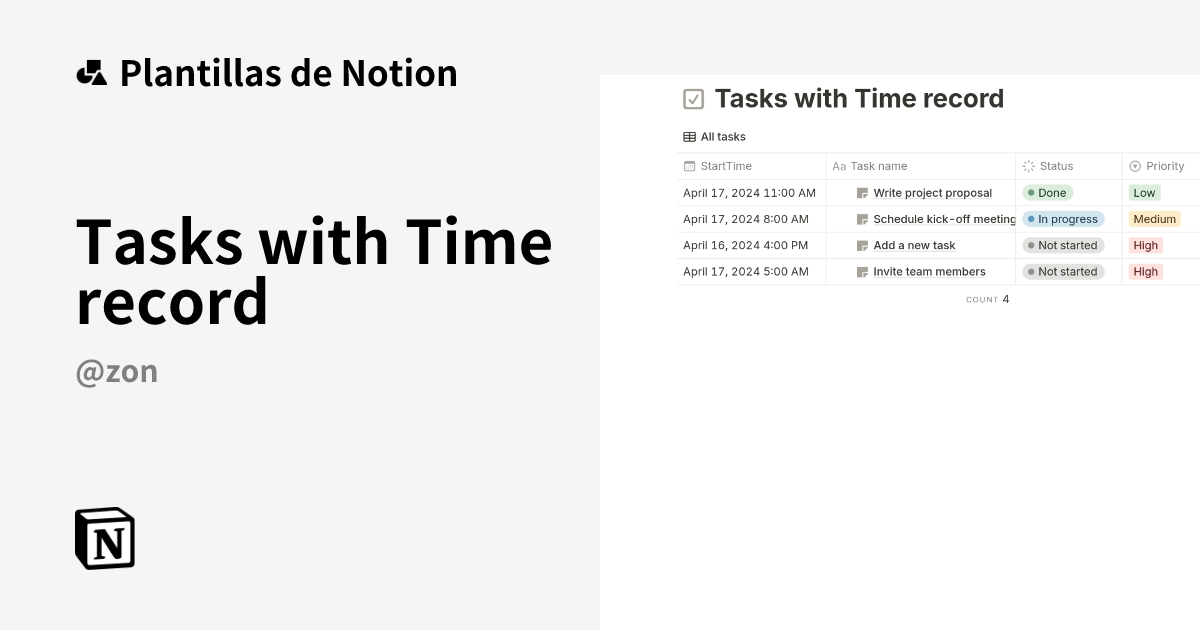 Plantilla Tasks with Time record | Notion Marketplace