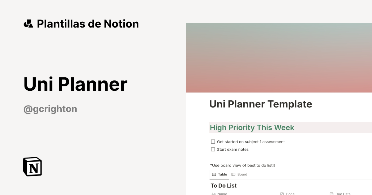 Plantilla Uni Planner de Grace Crighton | Notion Marketplace