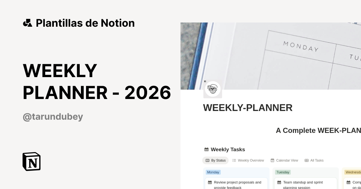Plantilla WEEKLY PLANNER - 2026 de TARUN DUBEY | Notion Marketplace