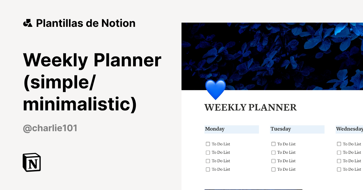 Plantilla Weekly Planner (simple/minimalistic) de Charlie | Notion ...
