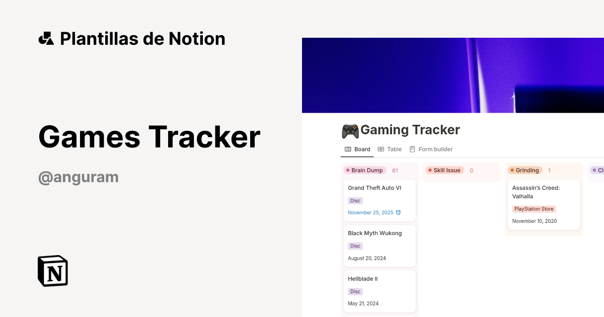 Plantilla Games Tracker de Anguram Shanmugam | Notion Marketplace