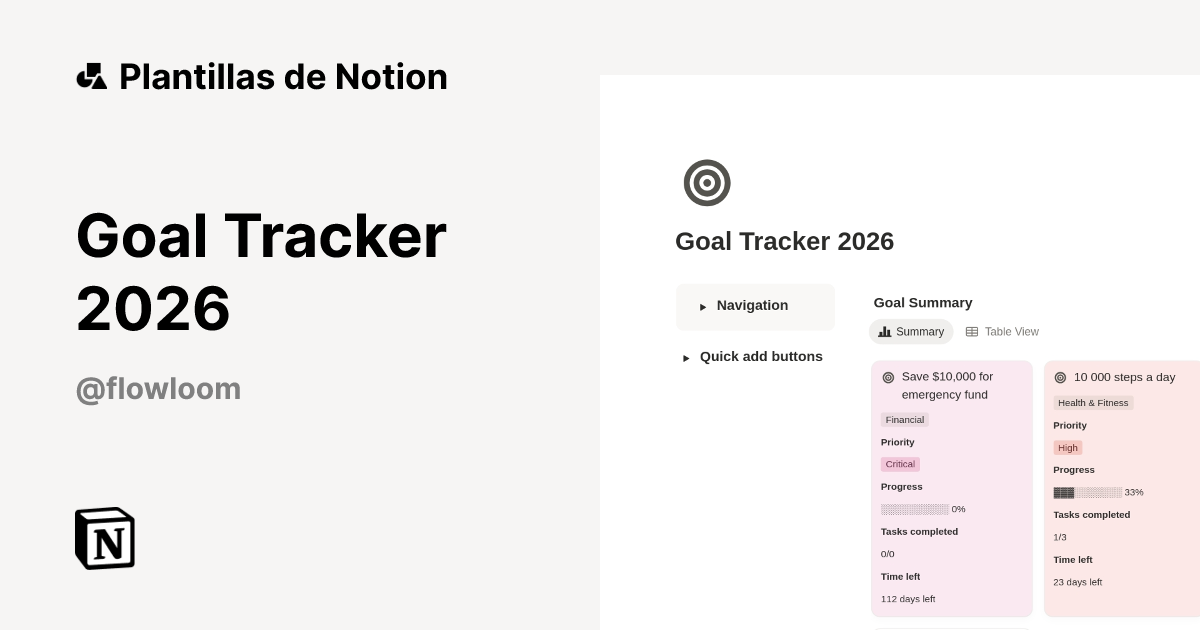 Plantilla Goal Tracker 2026 de Flowloom | Notion Marketplace