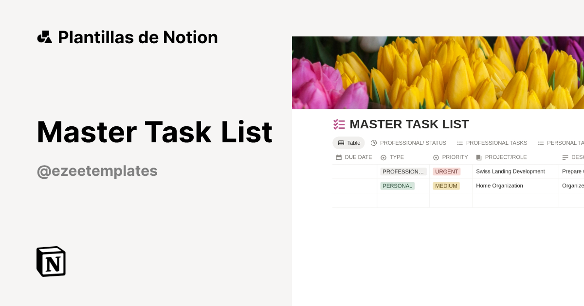 Plantilla Master Task List de Ezee Templates | Notion Marketplace