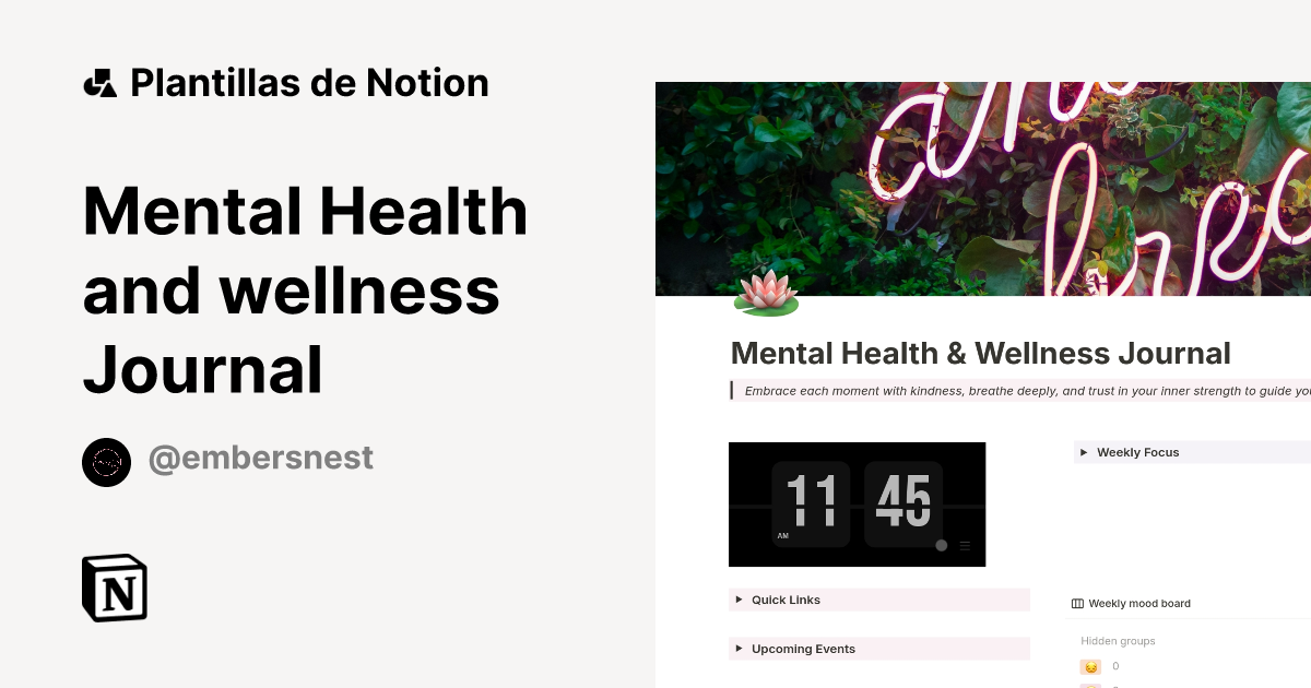 Plantilla Mental Health and wellness Journal de EmbersNest | Notion