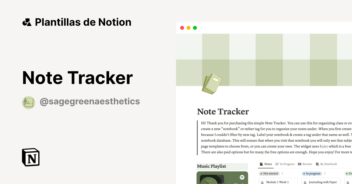 Plantilla Note Tracker de Sage Green Aesthetics | Notion Marketplace