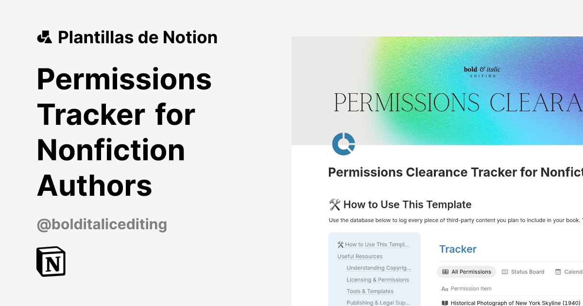 Plantilla Permissions Tracker for Nonfiction Authors de Bold & Italic ...