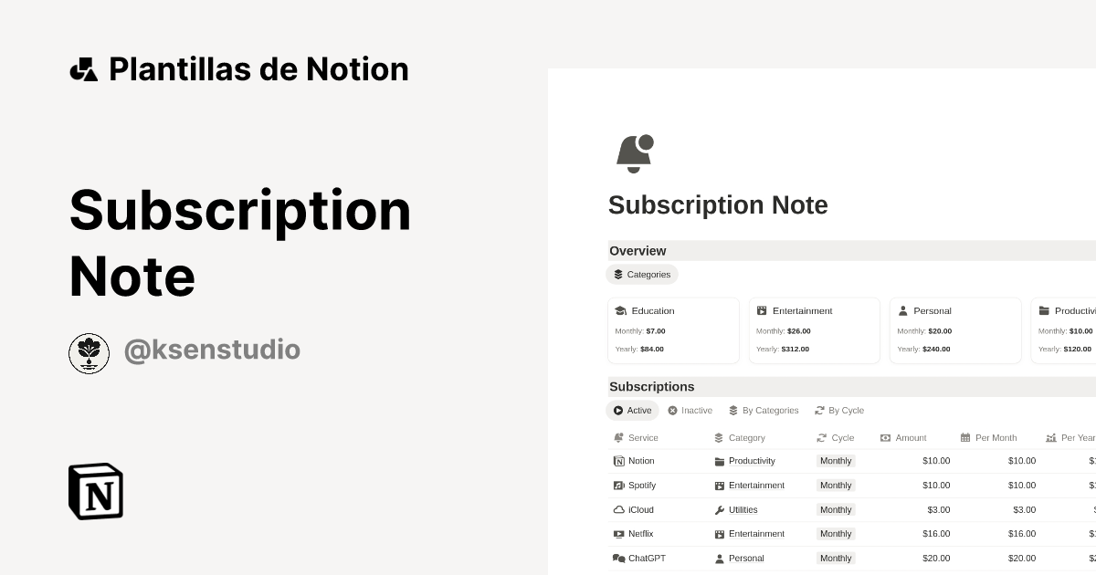 Plantilla Subscription Note | Notion Marketplace