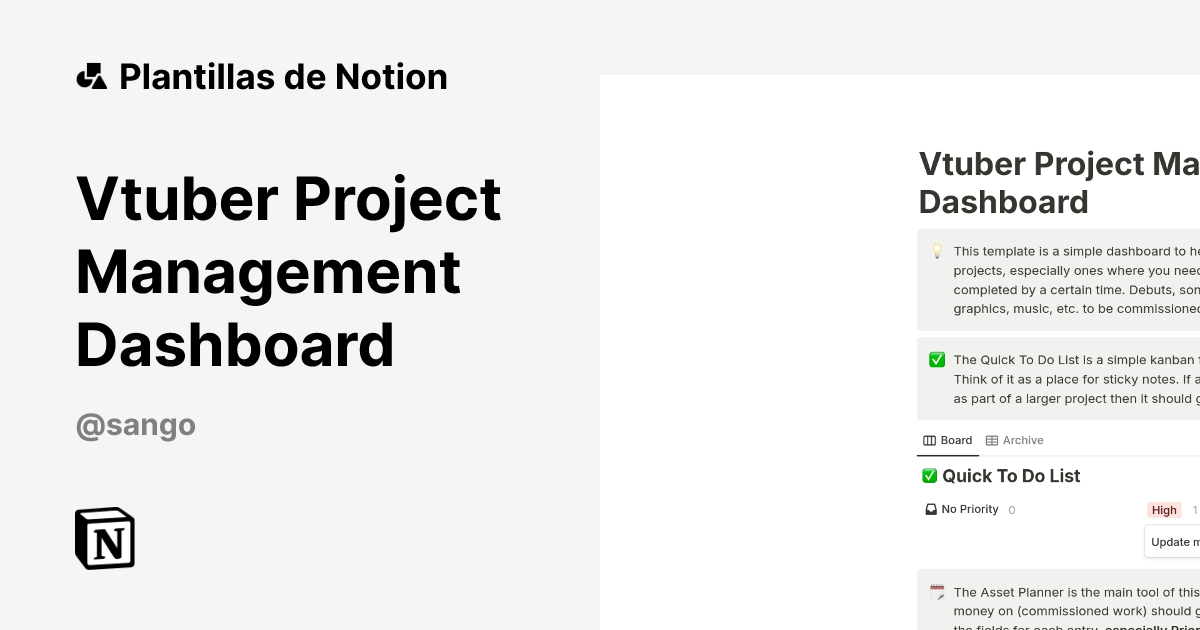 Plantilla Vtuber Project Management Dashboard de sango | Notion Marketplace