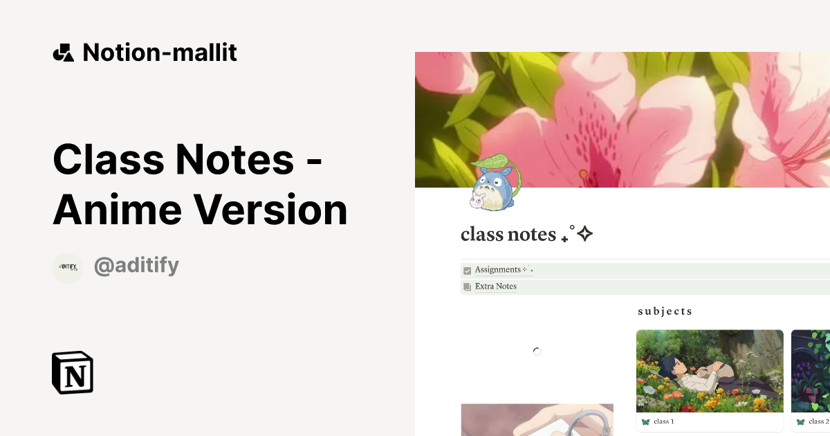 Class Notes - Anime Version-malli | Notion Marketplace