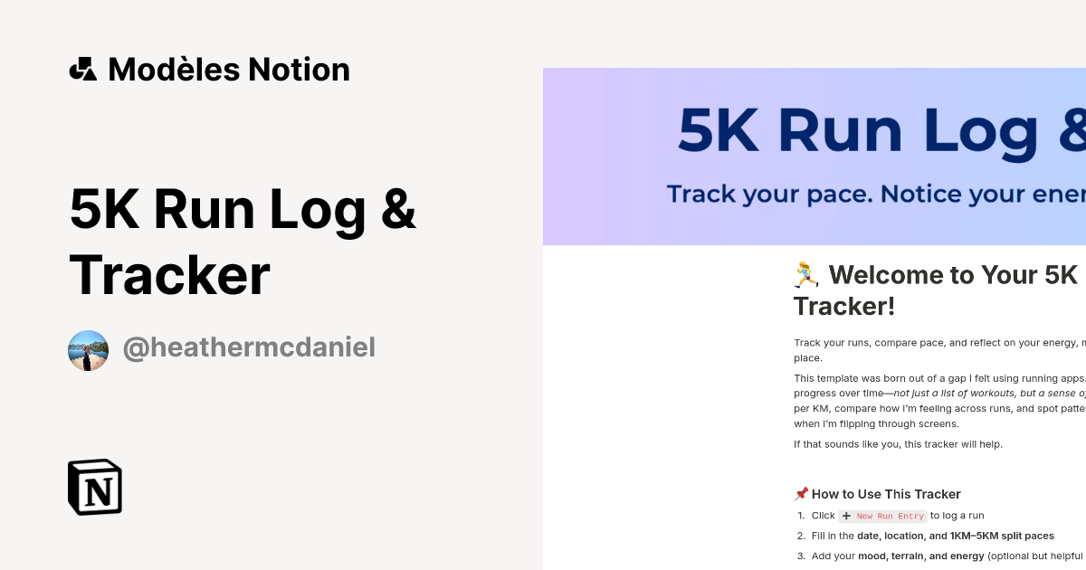 Modèle 5K Run Log & Tracker | Marketplace Notion