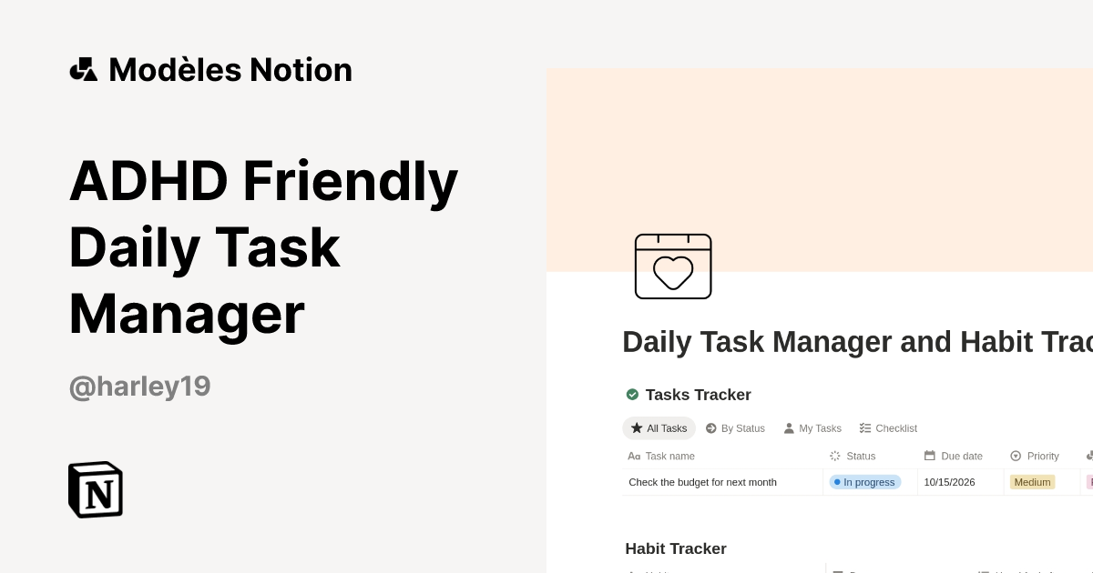 Modèle ADHD Friendly Daily Task Manager | Marketplace Notion