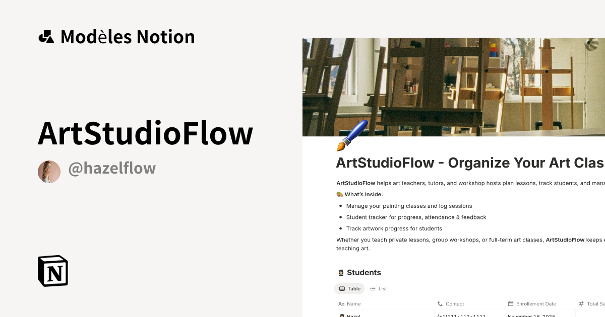 ArtStudioFlow | Modèle créé par Flow by Hazel | Marketplace Notion