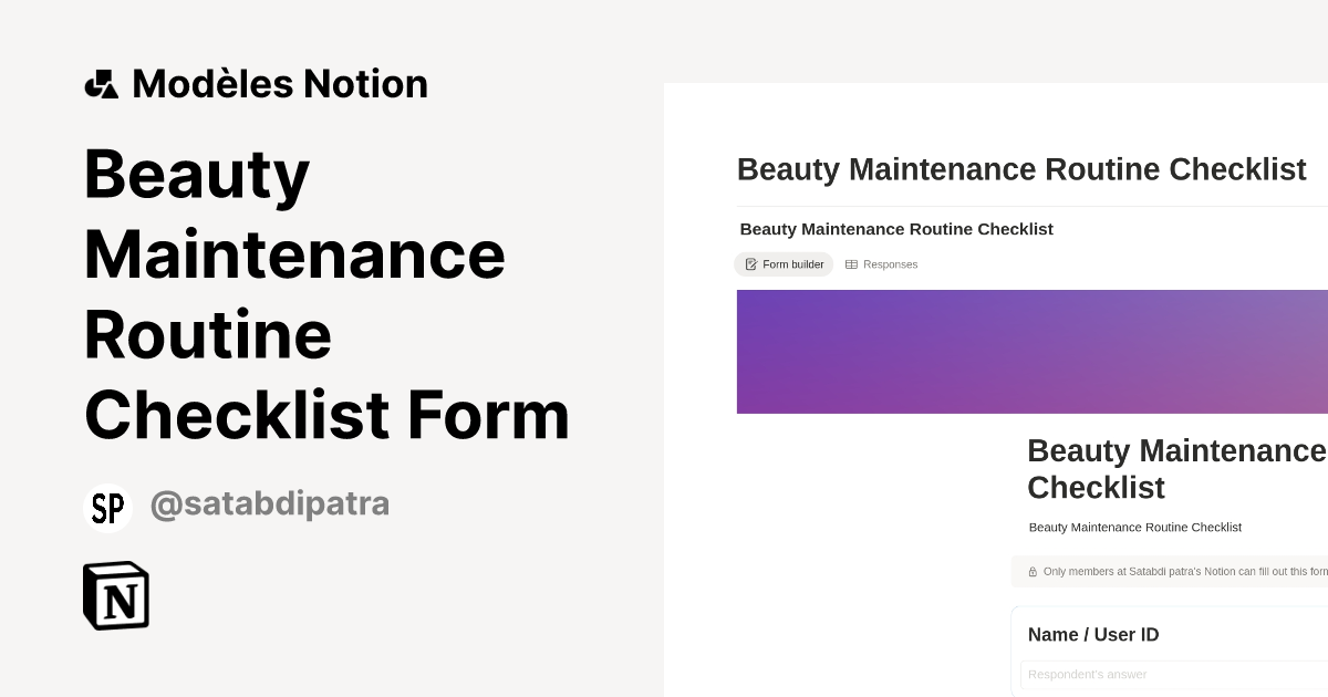 Modèle Beauty Maintenance Routine Checklist Form | Marketplace Notion