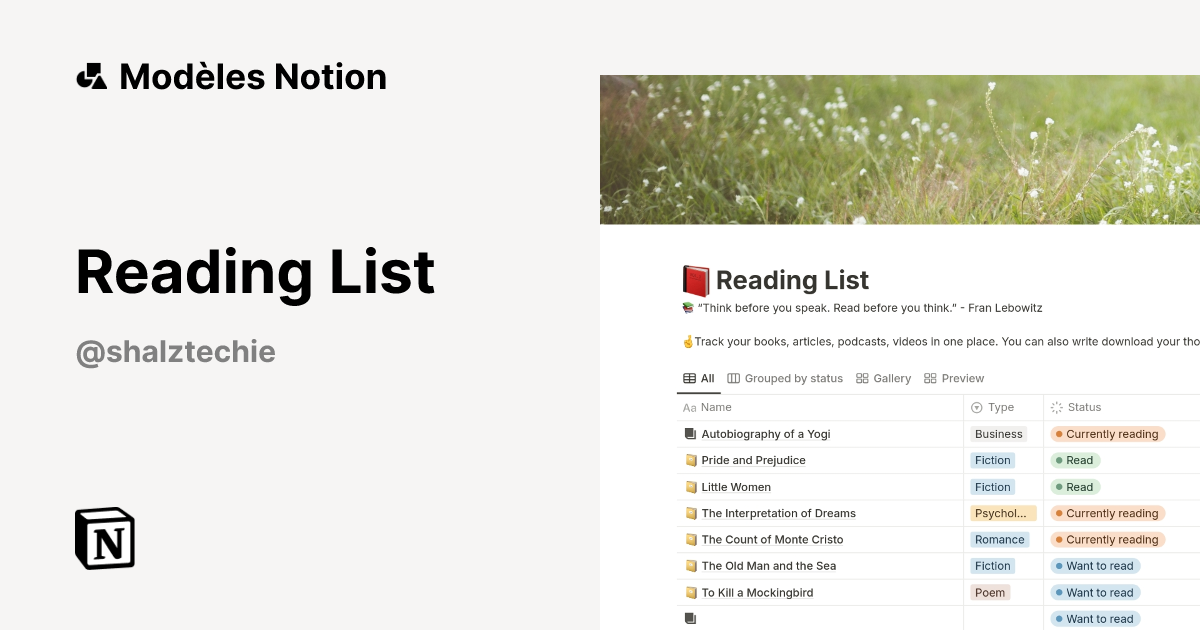 Reading List | Modèle créé par Shalz Techie | Marketplace Notion