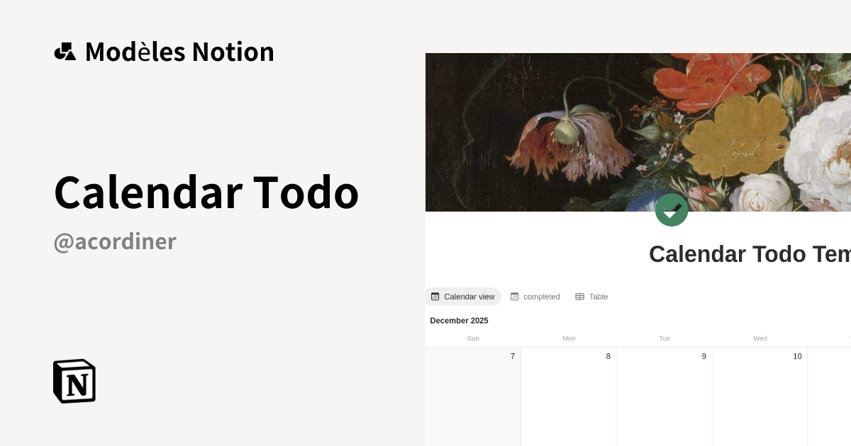 Calendar Todo | Modèle créé par Acordiner | Marketplace Notion
