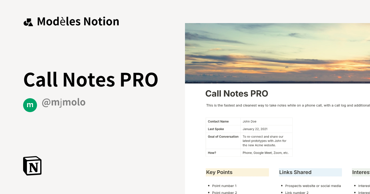 Call Notes PRO | Modèle créé par Mike Moloney | Marketplace Notion