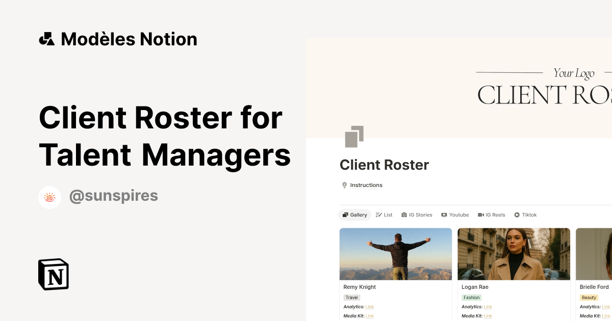 Modèle Client Roster for Talent Managers | Marketplace Notion