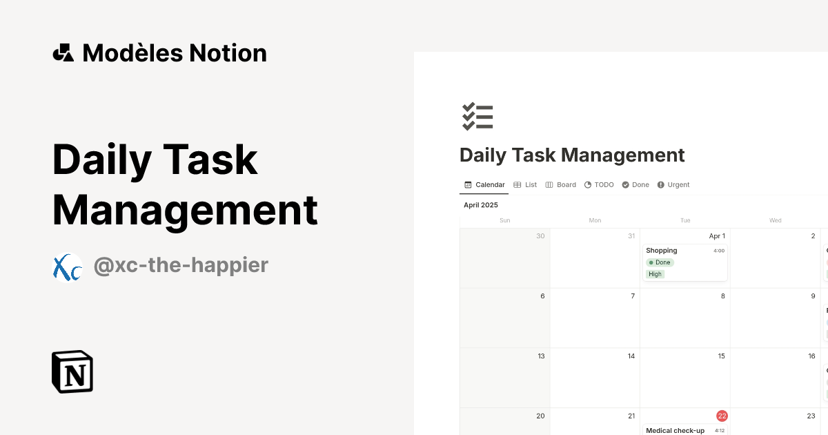 Daily Task Management | Modèle créé par XC | Marketplace Notion