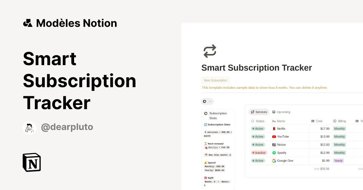 Smart Subscription Tracker | Modèle créé par dearpluto | Marketplace Notion