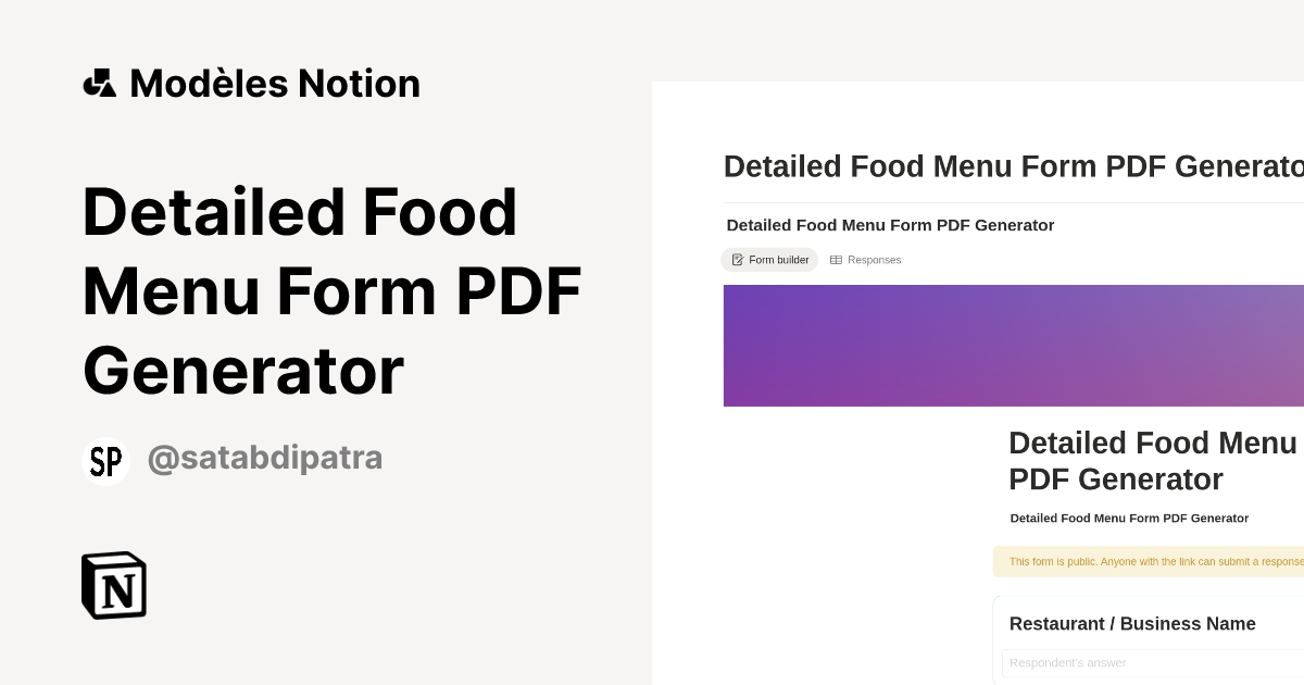 Modèle Detailed Food Menu Form PDF Generator | Marketplace Notion