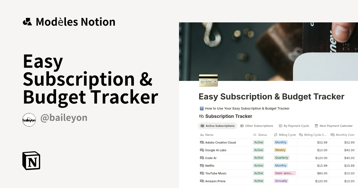 Easy Subscription & Budget Tracker | Modèle créé par baileyon ...