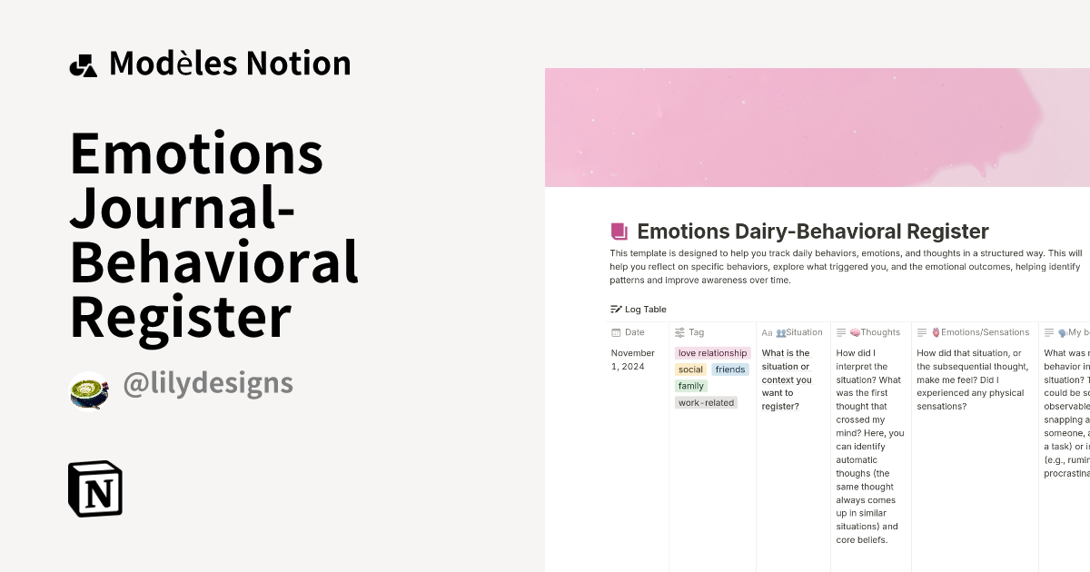 Modèle Emotions Journal Behavioral Register Marketplace Notion