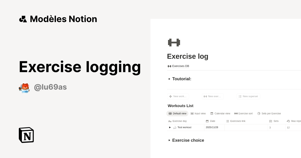 Exercise logging | Modèle créé par Lu69as | Marketplace Notion