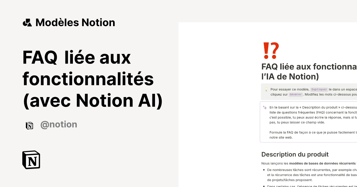 FAQ liée aux fonctionnalités (avec Notion AI) | Modèle créé par Notion ...