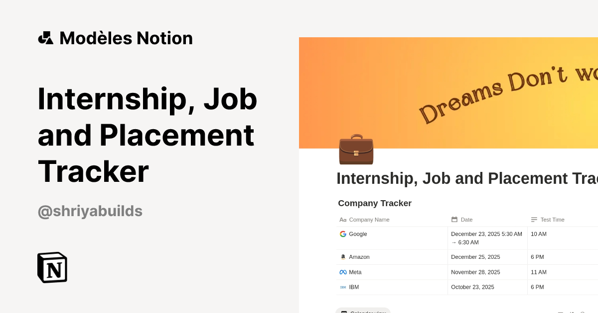 Modèle Internship, Job and Placement Tracker | Marketplace Notion