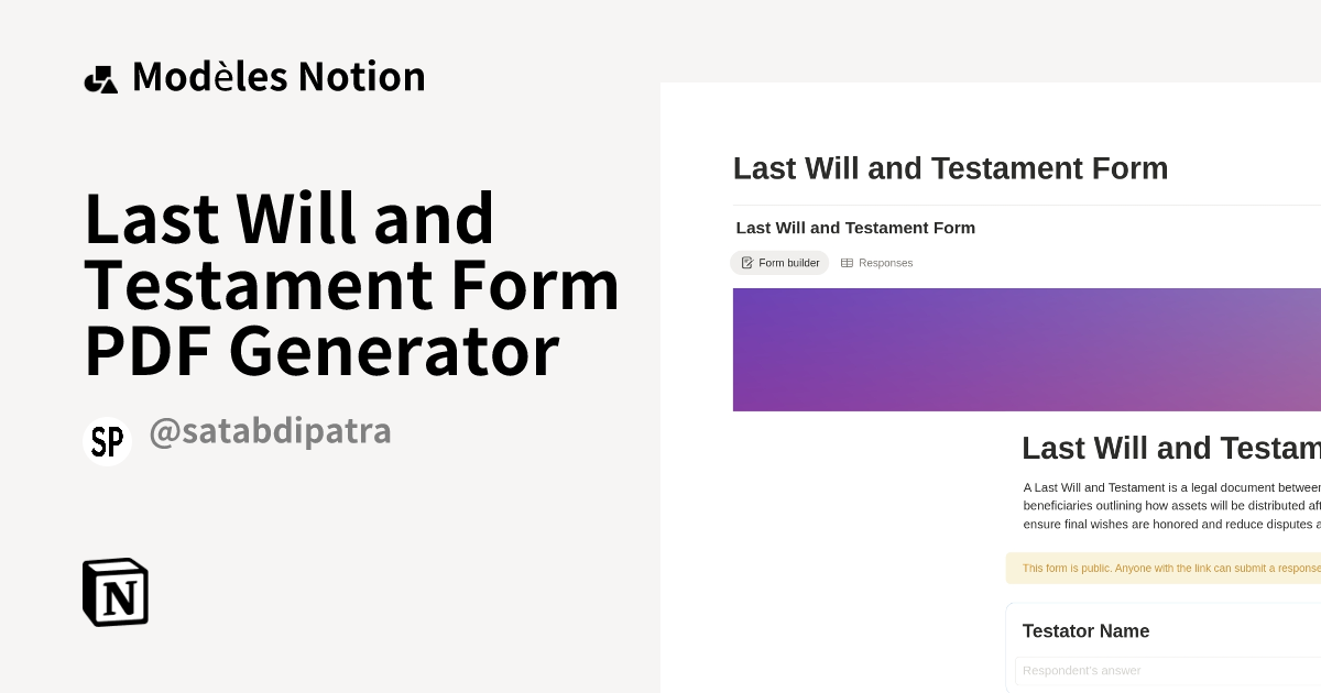 Modèle Last Will and Testament Form PDF Generator Marketplace Notion