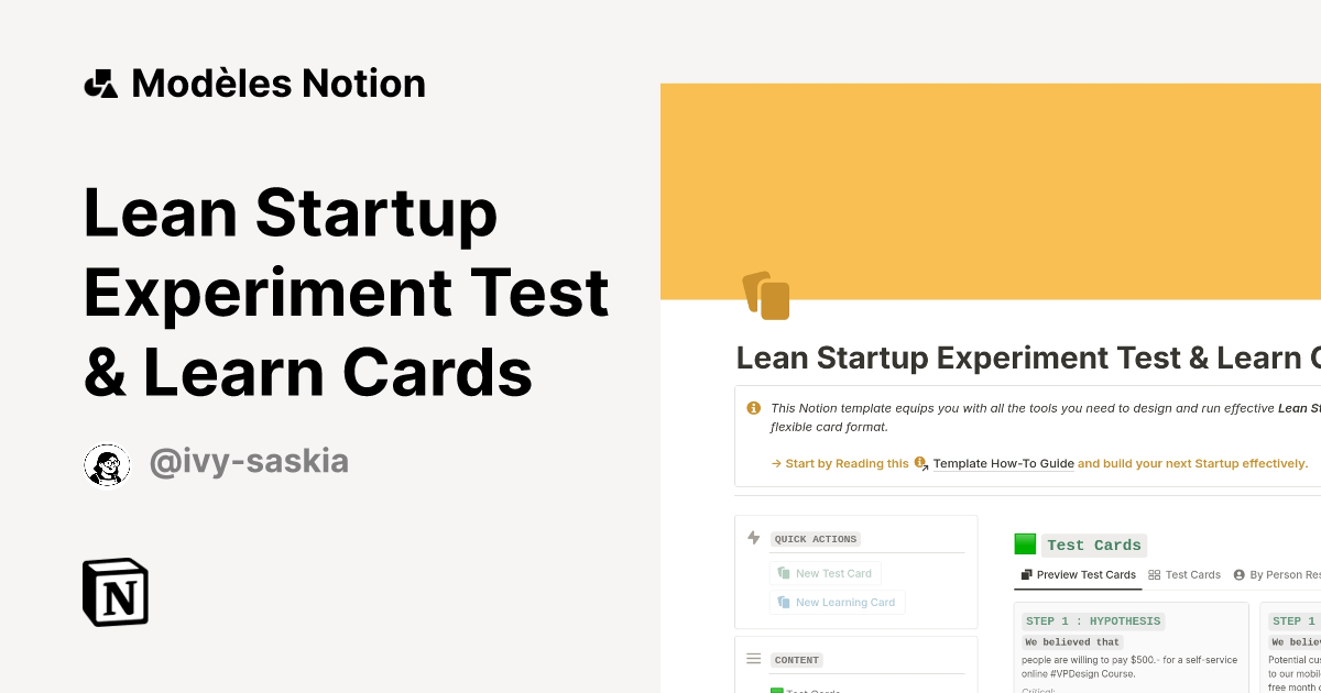 Modèle Lean Startup Experiment Test & Learn Cards | Marketplace Notion