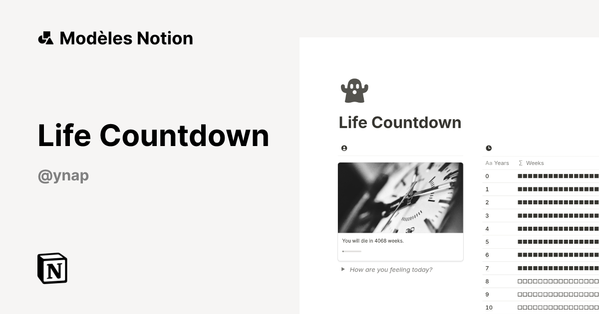 Life Countdown | Modèle créé par YNAP | Marketplace Notion