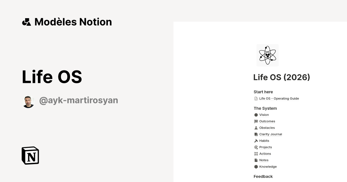 Life OS | Modèle créé par Ayk Martirosyan | Marketplace Notion