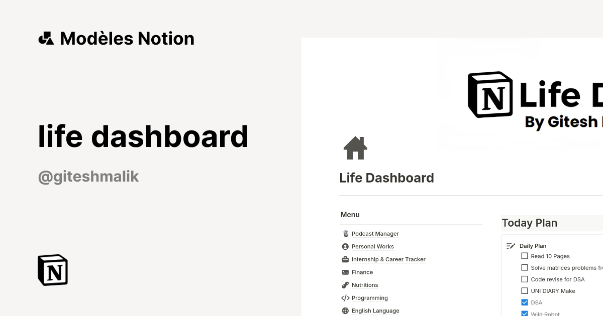 Modèle life dashboard | Marketplace Notion