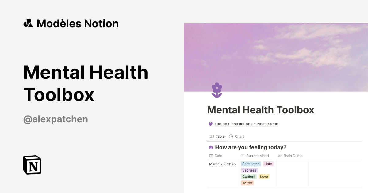 Mental Health Toolbox | Modèle créé par Alex Patchen | Marketplace Notion