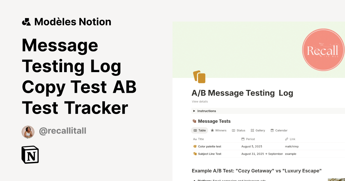 Modèle Message Testing Log Copy Test AB Test Tracker | Marketplace Notion