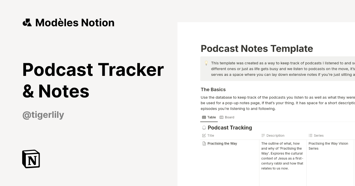 Podcast Tracker & Notes | Modèle créé par Tiger Lily | Marketplace Notion