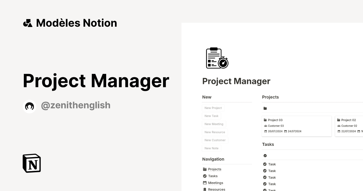 Project Manager | Modèle créé par Zenith | Marketplace Notion