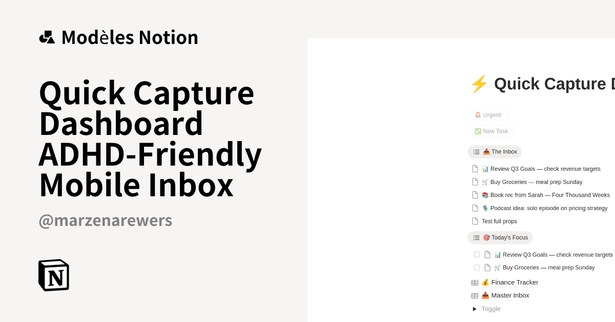 Modèle Quick Capture Dashboard ADHD-Friendly Mobile Inbox | Marketplace ...