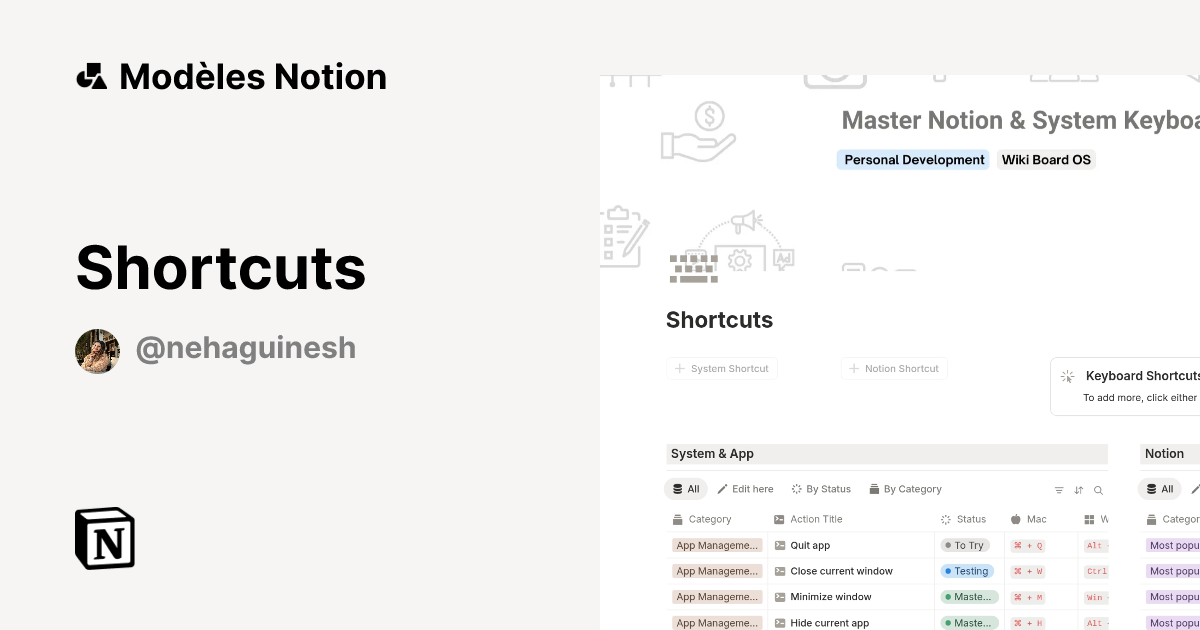 Shortcuts | Modèle créé par Neha Guinesh | Marketplace Notion