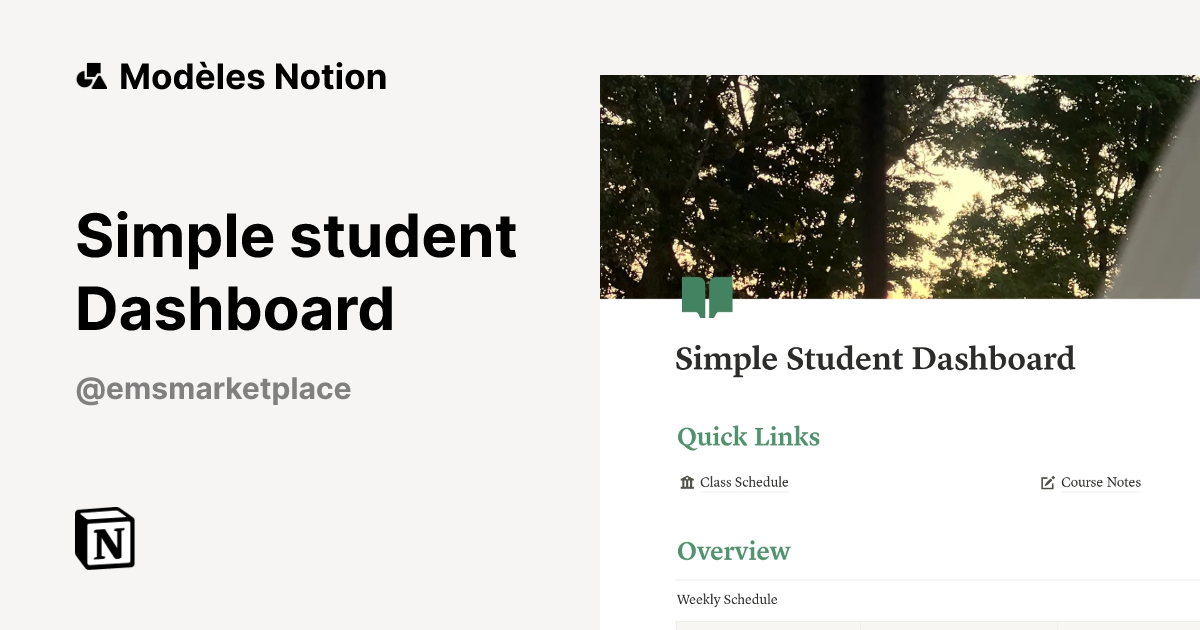 Modèle Simple student Dashboard | Marketplace Notion