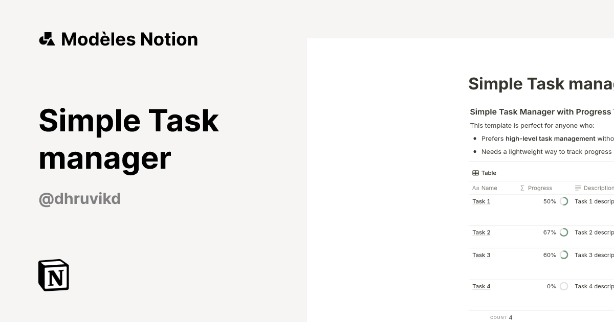 Simple Task manager | Modèle créé par Dhruvik D | Marketplace Notion