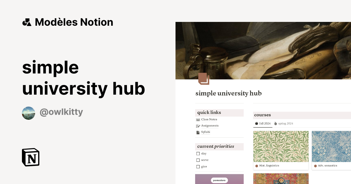 simple university hub | Modèle créé par Owlkitty | Marketplace Notion
